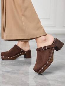 Sleekvia Zapatos de cuña con diseño de hebilla y suela gruesa, versátiles y de moda para uso diario de mujeres - Café integral - Ver 2