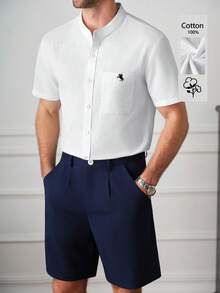 Core Aspect Conjunto casual de camisa de manga corta y pantalones cortos con estampado de caballero para hombres - Multicolor - Ver 7