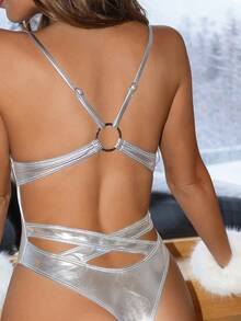 Swim SXY 女士性感欧美风音乐节派对大胆前卫户外夏季海滩简约优雅休闲度假金属箔涂层/烫金光泽质感面料圆领交叉细肩带+金属环装饰露背设计连体泳衣修身款，适合海滩、春假、返校季、慕尼黑啤酒节、音乐节、假期、春季促销、海滩度假银色连体泳衣金属银色连体泳衣狂欢连体泳衣性感连体泳衣 - 銀色 - 查看 1