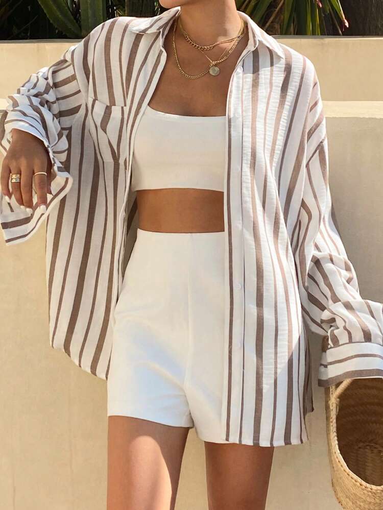 Women's Lapel Long Sleeve Loose Striped Open Front Casual Street Shirt