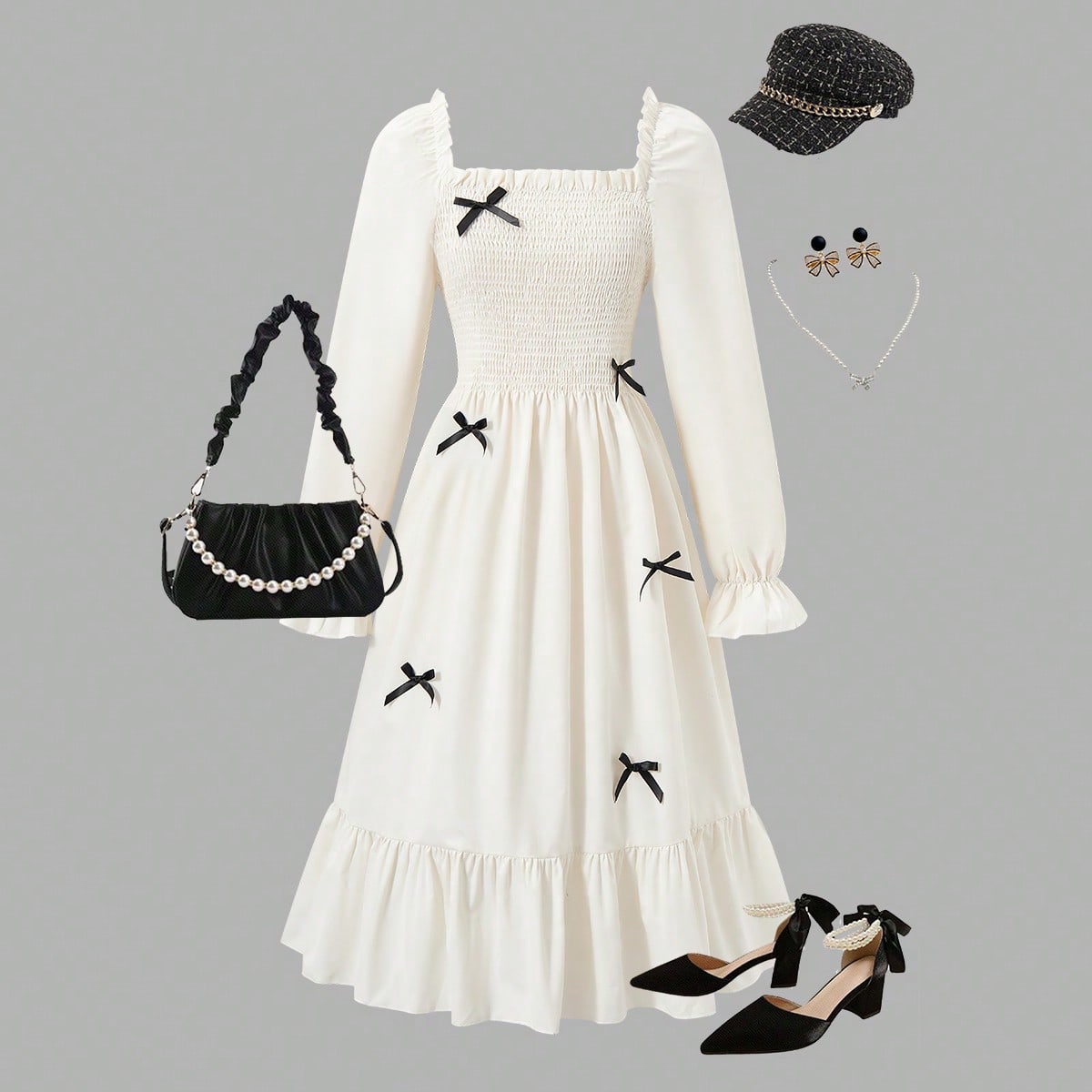Vestido negro de longitud media elegante para adolescentes, cuello cuadrado, manga abullonada, lazo, volante en la cintura, adecuado para reuniones fa