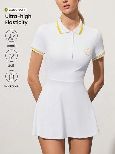 CourtClass Women's Colorblock Polo Collar Short Sleeve Fitted Personalized Sports Print 2 Pieces Set, Includes Anti-Flashing Shorts, Sports Casual Daily Tennis Golf Outfit White White Tennis Dress Polo Dress Golf Tennis Dress Short Sleeve Athletic Dress White Athletic Dress Polo Dress Women Tennis Dress For Women White Golf Dress Performance Dress Women Easy Peasy Tennis Dress Tennis Dress With Sleeves
