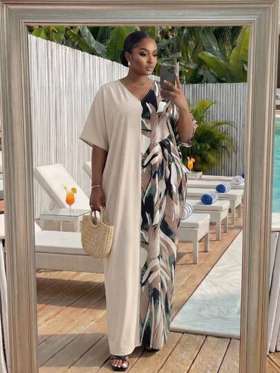 SHEIN Lady CURVE Vestido casual de talla grande para mujer con bloqueo de color y cuello en V de manga corta para vacaciones