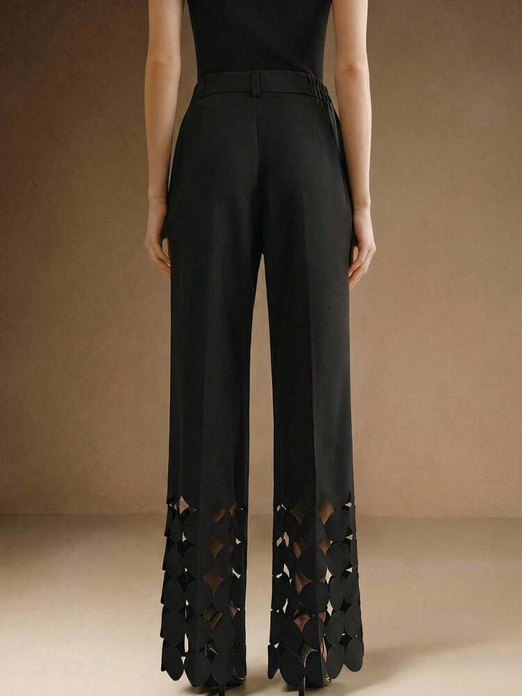 Elegant Office & Party Women's Asymmetrical Round Patch Embroidered High-Waist Black Straight Leg Pants