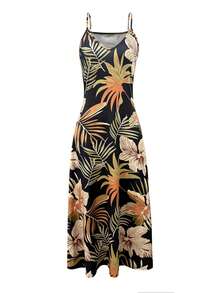Women's Casual Tropical Print Sleeveless Dress - Black - View 3