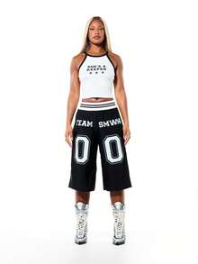 SUMWON WOMEN Contrast Raglan Sleeveless Tank Top With She's A Keeper Graphic Print And Star Detail, World Cup 2026 Sporty Game Streetwear Jersey - Black and White - View 5