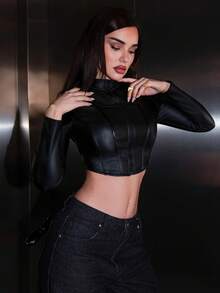 Bris Aura Simple Fashionable Solid Color Zipper Slim Fit Short PU Leather Jacket In Fall/Winter - Black - View 5