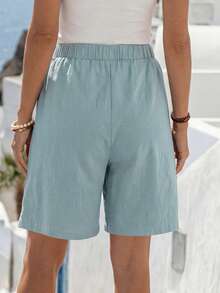 Faunlyn Women's Summer Solid Color Elastic Waist Pocket Casual Shorts - Green - View 2