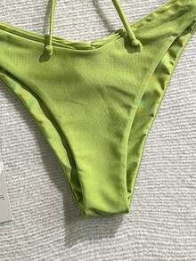 Swim Mod Women's Spring/Summer New Avocado Green Halter Drawstring Beaded Backless Bikini Two Pieces Swimsuit - Green - View 9