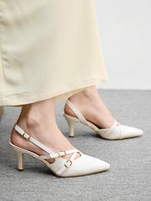 CUCCOO BIZCHIC Sepatu Hak Tinggi Wanita Ujung Lancip dengan Desain Gesper, Sepatu Musim Semi Elegan - Putih - View 3