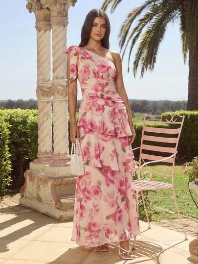 Enchnt Vestido de mujer con estampado floral, sin mangas, con lazo delantero y volante en el bajo, elegante para vacaciones