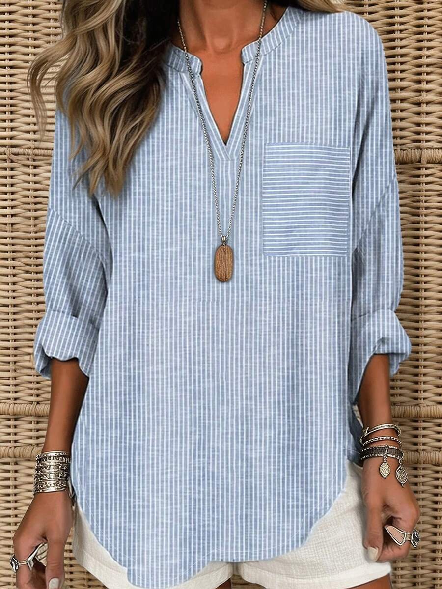 EMERY ROSE Women's Striped V-Neck Casual Versatile Daily Wear Shirt - Blue - View 1