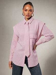 Hauture Tie Front Exaggerated Shoulder Shirt - Multicolor - View 4