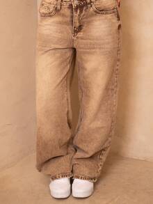 juhmazzocco Quần jeans ống đứng cạp thấp cho nữ, phong cách đường phố thường ngày, quần jeans cạp thấp - màu nâu - Xem 5