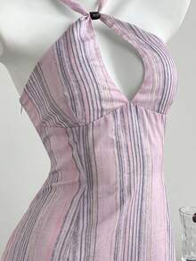 Elamini Women's Retro Striped Tie-Up Fitted Mini Dress, Spring/Summer Halter Dress For Women Sexy Sundress Summer Sexy Dress Bodycon Summer Dress Split Thigh Dress - Pink - View 4