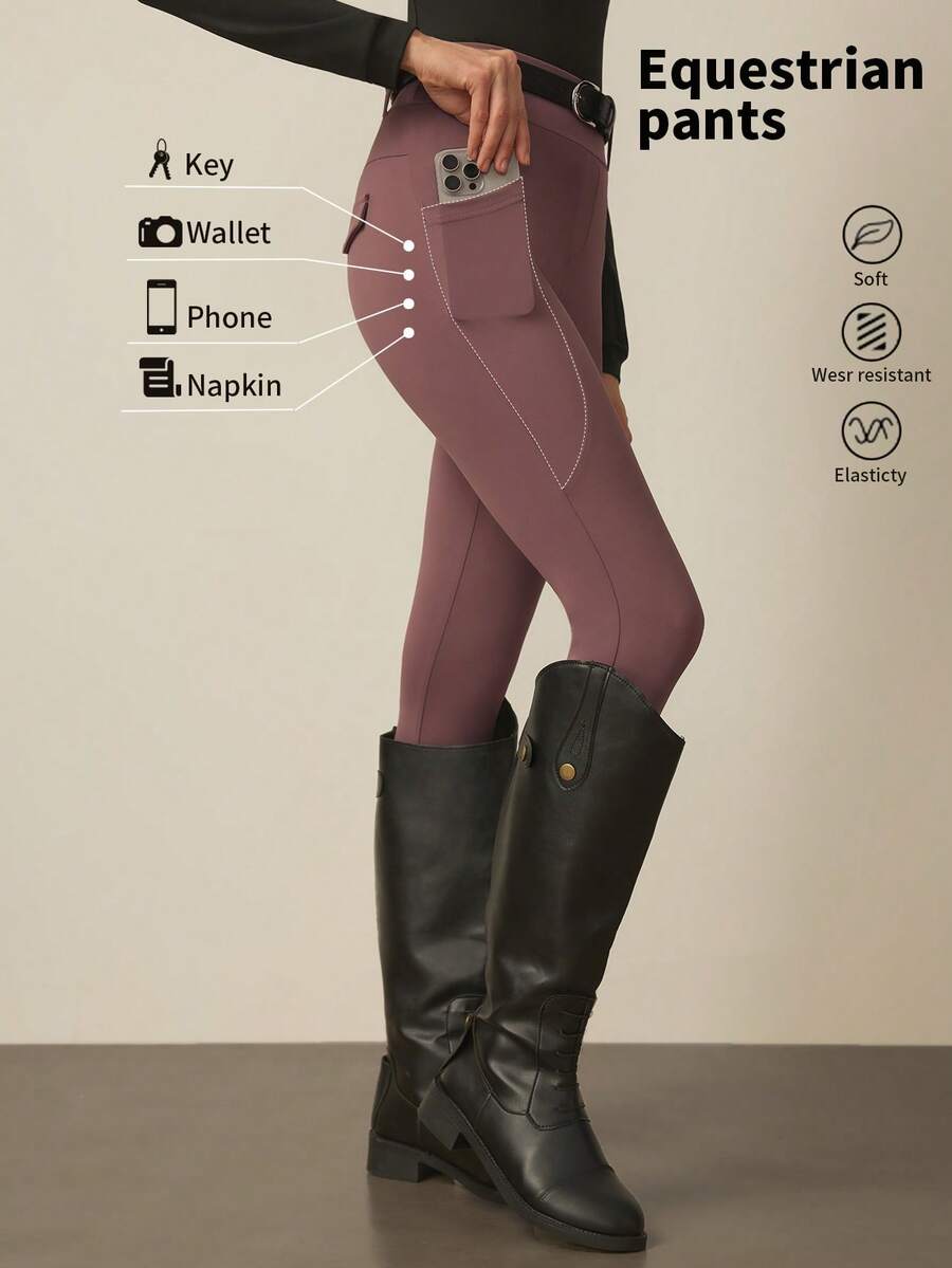 With My Calm Women's Pocket Fitted Leggings, Casual Sportswear For Daily Wear And Horseback Riding, Suitable For All Seasons Equestrian Pants Women Leggings With Pockets Yoga Pants With Pockets Horse Riding Pants Riding Breeches Women's Leggings Thermal Pants For Women Women's Leggings With Pockets Tights With Pocket Pocket Leggings - Dusty Purple - View 1