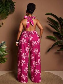 Maweii Plus Size Women's Fuchsia Floral Print 2 Pieces Set,Pink Summer Holiday Vacation Camisole Top&Elastic Waist Wide Leg Pants,Bohemian Resort Wear Holiday - Hot Pink - View 2