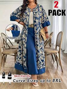 SHEIN CURVE+ Kích cỡ US22, phù hợp cho lễ hội âm nhạc, kỳ nghỉ bên bờ biển, phong cách Bohemia. Bộ hai mảnh gồm áo khoác dài và quần có túi dành cho nữ, thích hợp cho kỳ nghỉ. - Xanh và trắng - Xem 2
