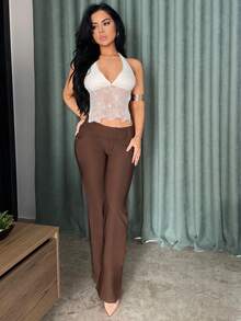 Vassilux Women's Fashion Casual Retro Pocket Flare Leg Pants, Old Money, Business Casual Woman,Going Out Outfits,Back To School,Chocolate Flared Pants,Casual Trousers,Vintage Trousers,Fall - Coffee Brown - View 1