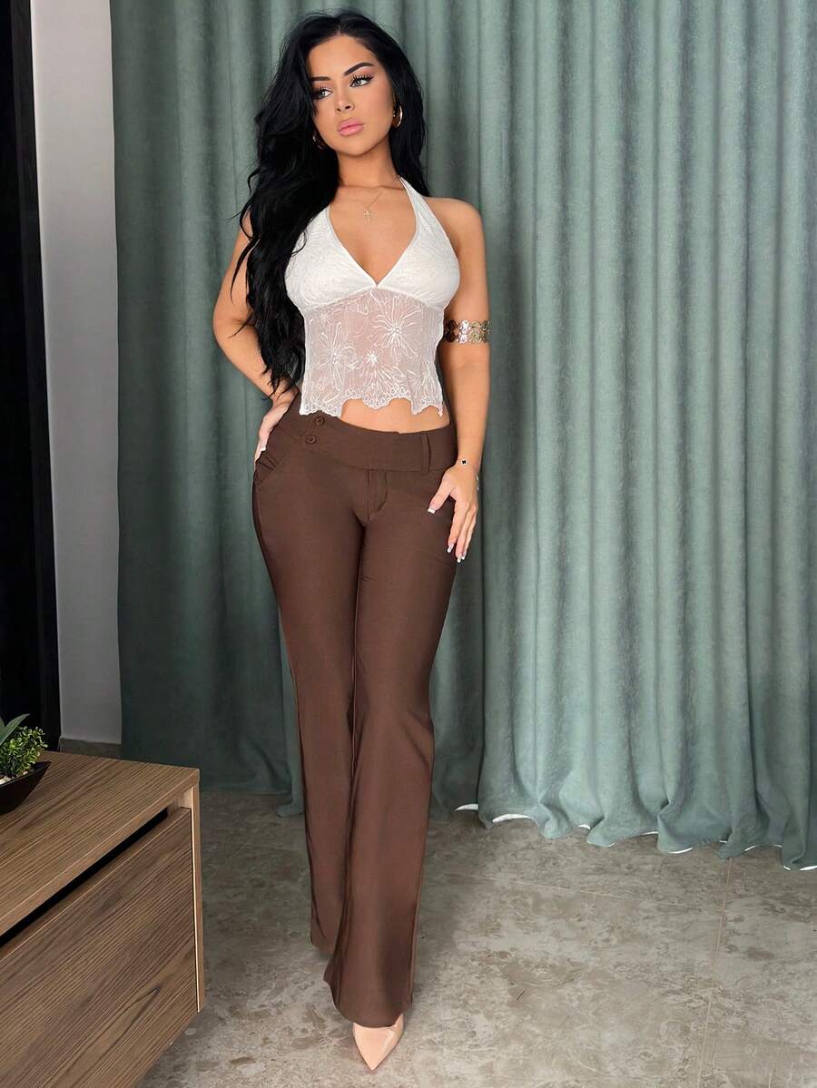 Vassilux Women's Fashion Casual Retro Pocket Flare Leg Pants, Old Money, Business Casual Woman,Going Out Outfits,Back To School,Chocolate Flared Pants,Casual Trousers,Vintage Trousers,Fall - Coffee Brown - View 1