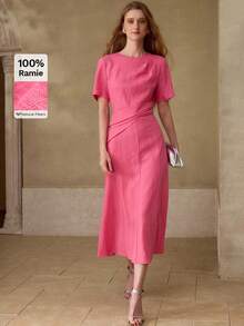 MOTF PREMIUM WOMEN'S 100% LINEN CASUAL & DATE ROUND NECK SHORT SLEEVE MIDI DRESS, SPRING/SUMMER - Hot Pink - View 4
