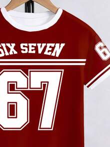 2pcs/Set Tween Boys' Casual Creative Graphic 67 Striped Red & White T-Shirt And Shorts Set, Comfortable Daily Wear For Spring, Summer & Autumn - Multicolor - View 5