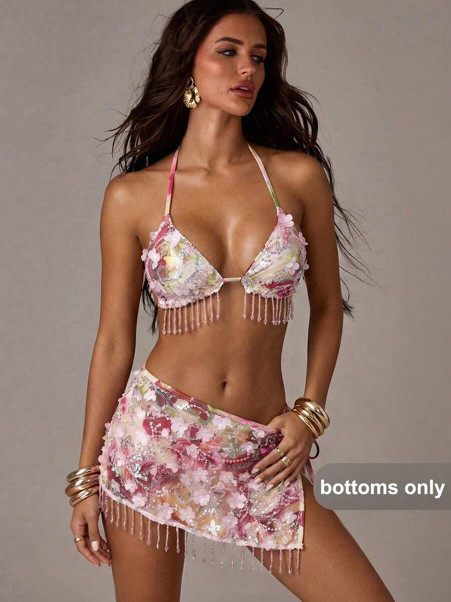 SHEIN BAE 1件女士粉色串珠亮片装饰沙滩罩衫 - 粉色 - 查看 1