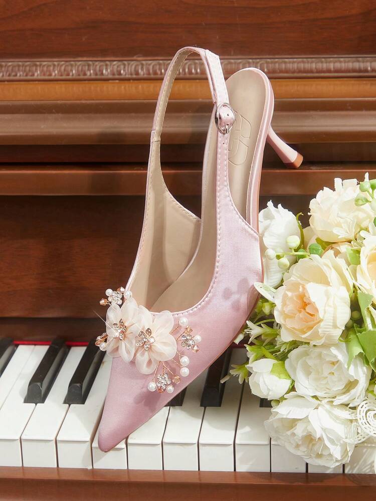 CUCCOO HITCHD Women Shoes Spring And Summer New Women's High-Heeled Shoes Pointed Thin Heel Middle Heel Slingback Buckle Fairy Style Satin Pearl Flower Rhinestone Decoration Elegant Wedding Banquet Dating Shoes