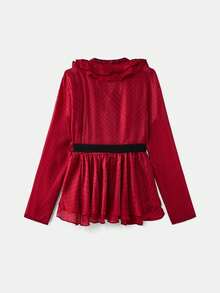 lacRébo Áo kiểu organza chấm bi màu đỏ tía, xếp nếp, cổ chữ V, dáng peplum, tay dài và thắt lưng đen có thể tháo rời, thanh lịch cho mùa xuân hè, ngày lễ tình nhân, năm mới, tiệc sinh nhật. - Nhiều màu - Xem 8