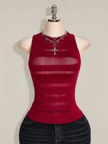 SHEIN ICON Áo camisole gợi cảm cỡ lớn phong cách Y2K với chất liệu lưới xuyên thấu, phối nhiều mảnh, mang hơi hướng rách rưới. - Màu Đỏ Sâu - Xem 3