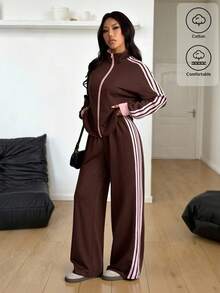 SHEIN PETITE 女士撞色条纹外套和裤子两件套 棕色两件套运动服 女士两件套家居服 女士舒适秋冬服装 - 棕色 - 查看 5