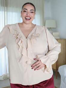 Pretty and Ole Plus Size Casual Solid Color Ruffle Trim Shirt/Fall/Winter - Khaki - View 1