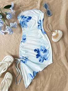 SHEIN Tween Girl Ditsy Floral V-Neck Long Sleeve Arabic Style Dress - Blue - View 2