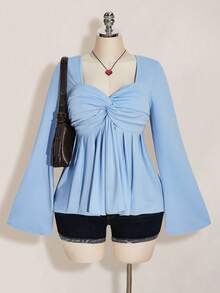 SHEIN ICON 大码女式黑色胸前扭结针织上衣，娃娃衫针织上衣，Y2K风格服装，毕业季返校季秋季服装，可爱女式上衣，娃娃衫 - 淺藍色 - 查看 1