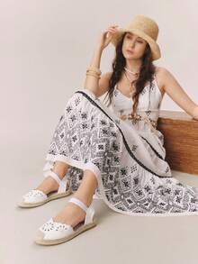 Styleloop Sandales plates décontractées style bohème avec cordon de serrage pour femmes - Blanc - Voir 4