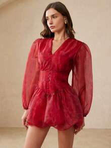 BELROSIE Vestido elegante y ligero con estampado de sirena, cuello en V, cintura recogida, mangas con volantes y dobladillo con volantes cortos. Vestido de organza para mujer, atuendo de vacaciones para mujer, ropa de vacaciones para mujer, vestido formal para mujer, conjunto de vacaciones para mujer - Multicolor - Ver 7