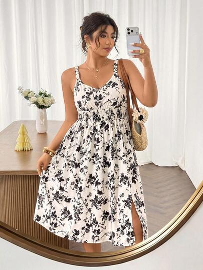 SHEIN Frenchy 大码女式印花褶皱优雅约会派对吊带裙