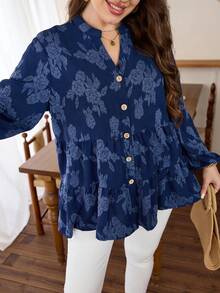 Lacomfia Casual Solid Color Jacquard Long Sleeve Loose Regular Fit Shirt, Plus Size, Spring/Autumn - Blue - View 3
