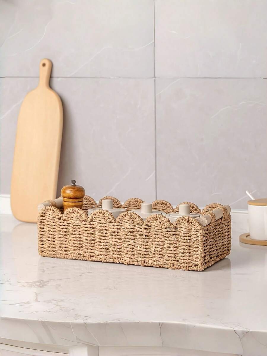 1 pièce Panier de rangement tressé avec poignées, organisateur fait main pour papier toilette, serviettes, cosmétiques, étagère, table, salon, décoration de maison multifonctionnelle - multicolore - Voir 1