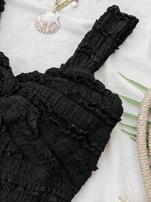 SHEIN Tween Girl Kids Jacquard Knit Black Front Twist Camisole Snug Fit Dress Black Smocked Dress Black Vacation Dress Smocked Black Dress Black Summer Dress Black Sleeveless Dress Ruffle Black Dress - Black - View 4
