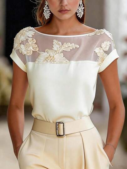 EMERY ROSE Women's Summer New Elegant Vacation & Office Mesh Patchwork Applique Short Sleeve Blouse