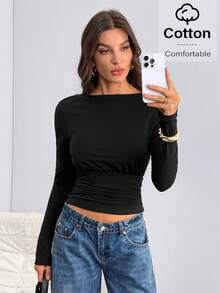 SHEIN Tall 深V露背长袖上衣 冬季黑色 - 黑色 - 查看 6