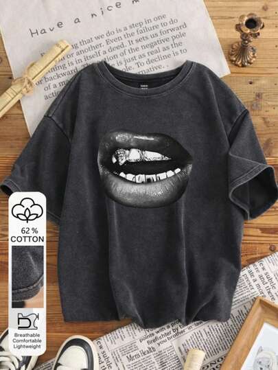 Attitoon 休闲街头风黑色唇印图案女式黑色针织植绒宽松T恤，适合春夏穿着，宽松街头风。