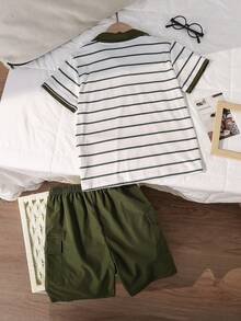 2pcs/Set Boys' Striped Polo Shirt And Cargo Shorts Set, Large Pockets Decor, Military Green, Spring/Summer - Army Green - View 2