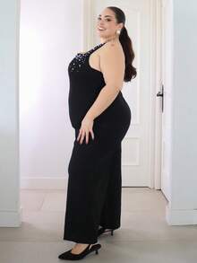 Pretty and Ole Plus Size Elegant Sexy Party Jumpsuit, Fitted Camisole With Gorgeous Pearl Decor, Slimming - Black - View 4