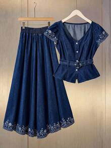 GlowEve Women's Casual Floral Embroidered Denim Skirt - Blue - View 9