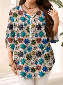 EMERY ROSE Camisa de talla grande con estampado floral y cuello recortado - Multicolor - Ver 5