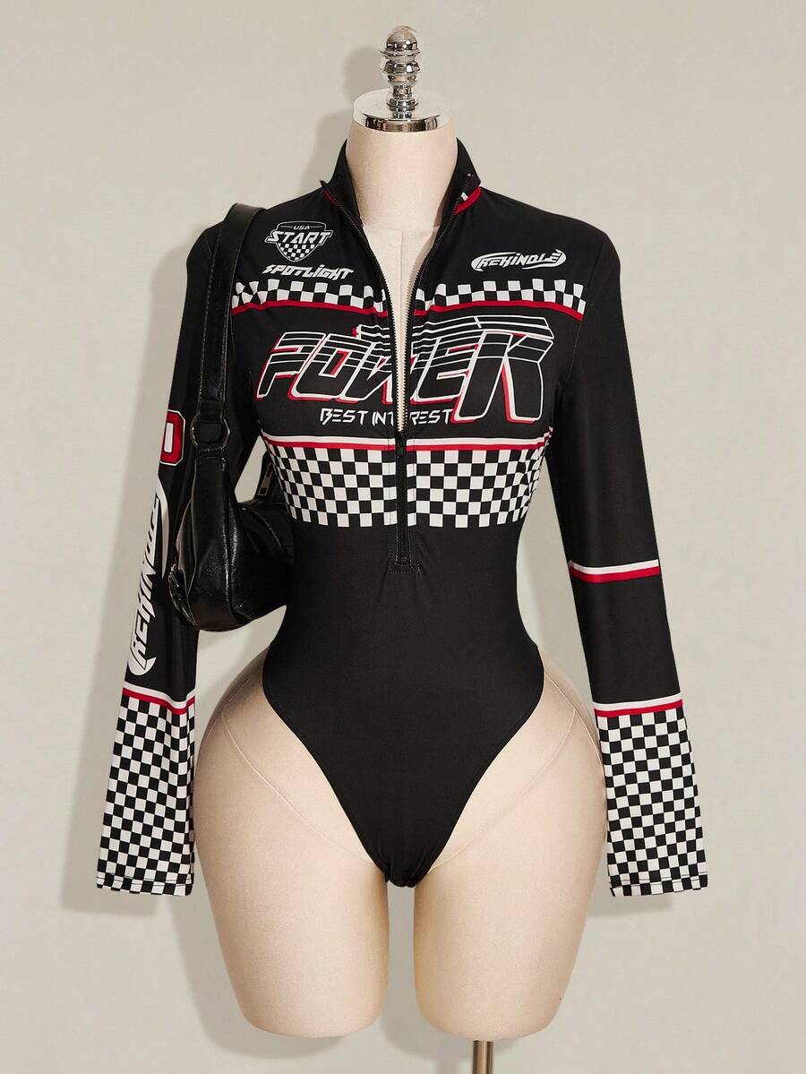 SHEIN ICON Body de mujer talla grande con estampado a cuadros de estilo de carreras, rojo ajustado - Negro - Ver 1