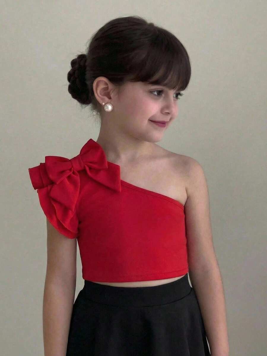 SHEIN Young Girl Summer Short Solid Color One-Shoulder Ruffle Bow Decor T-Shirt - Red - View 1