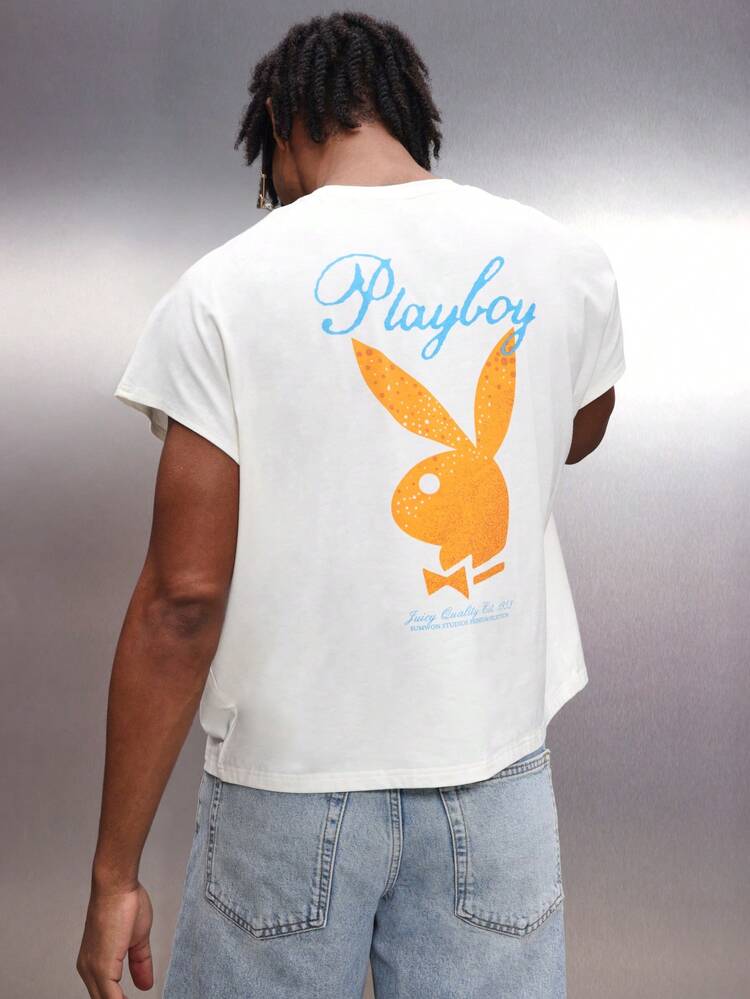 PLAYBOY X SUMWON Męski graficzny top bez rękawów z okrągłym dekoltem i pomarańczowym logo króliczka z tyłu, świąteczny, retro, bez rękawów, letni, swobodny